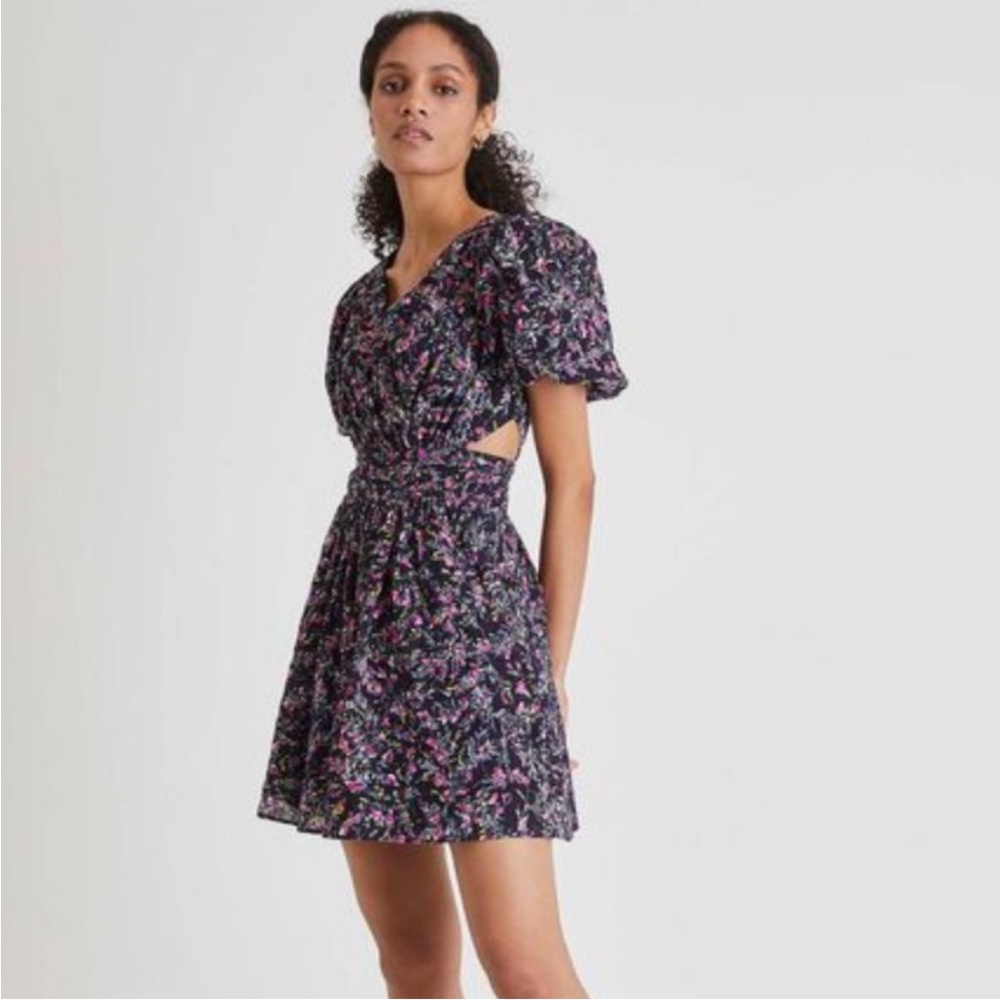 French Connection Mini Cut Out Purple and Pink Print Dress with Sleeves